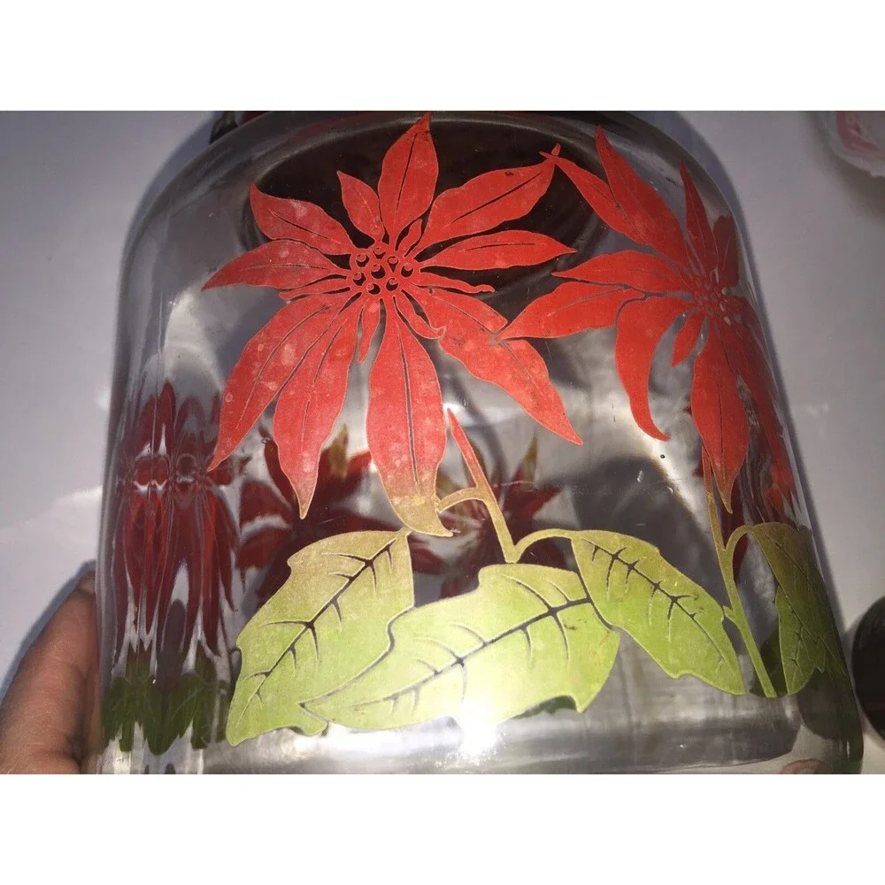 Vintage Christmas Jar w/ Metal Lid, Wooden Handle & 3 Glasses - Poinsettias